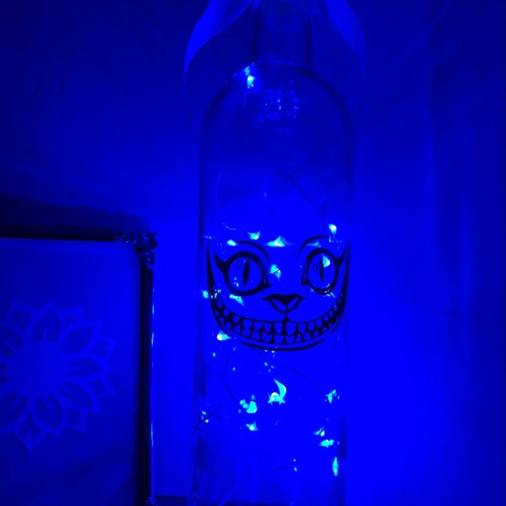 Hand Crafted- Cheshire Cat Smile wine bottle lantern
